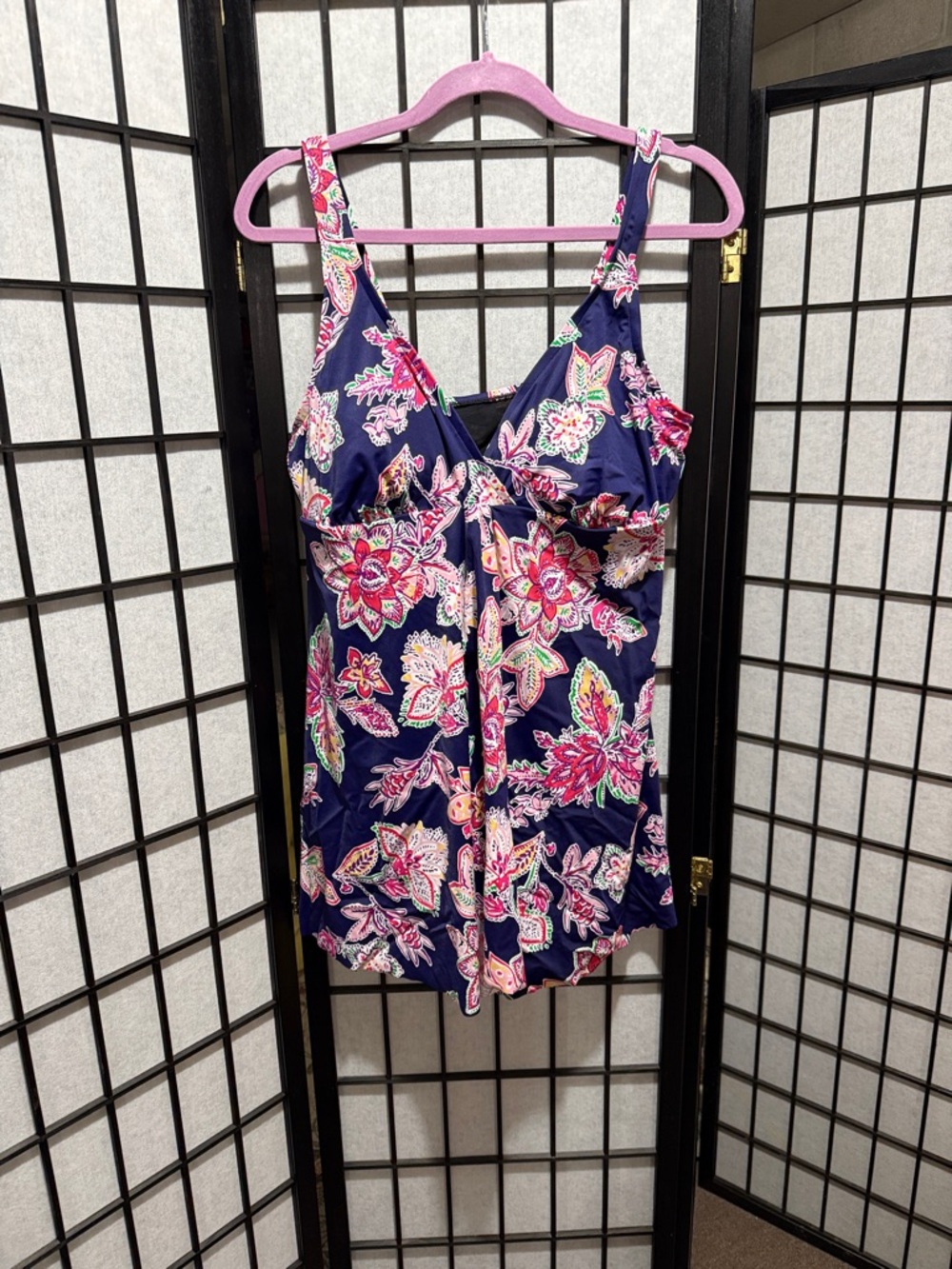 Swimsuits For All Navy Floral One-Piece Swimdress Size 16